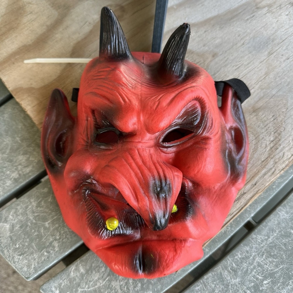 Devil Red Rubber Halloween Mask with Elastic Head Strap Adult